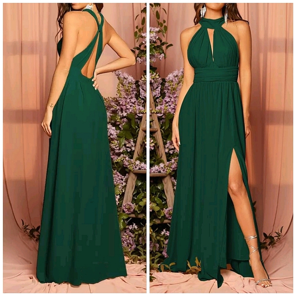 New Flowy Cut Out Backless Halter Maxi Split Leg Dress Green